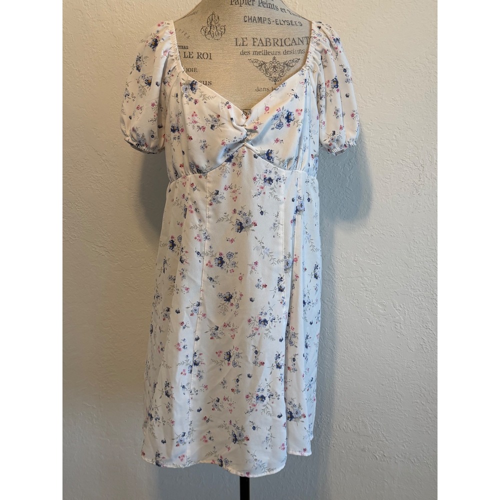 No Boundaries Floral Sweetheart Mini Dress XL 16-18 White Blue Pink Puff Sleeve